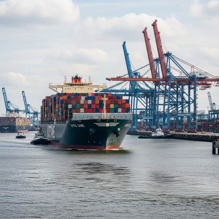Mega-Containerschiff "Notre Dame" erstmals im Hamburger Hafen.
