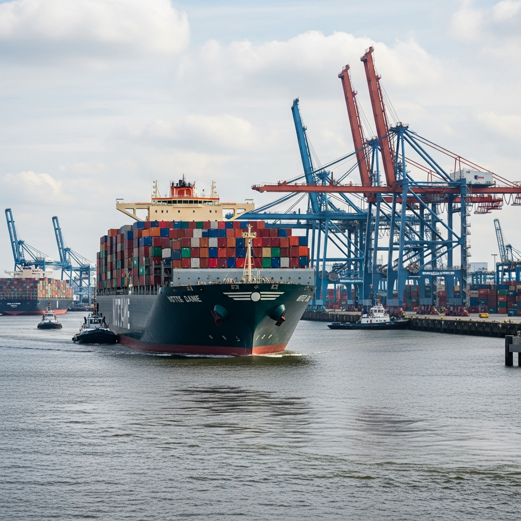 Mega-Containerschiff "Notre Dame" erstmals im Hamburger Hafen.