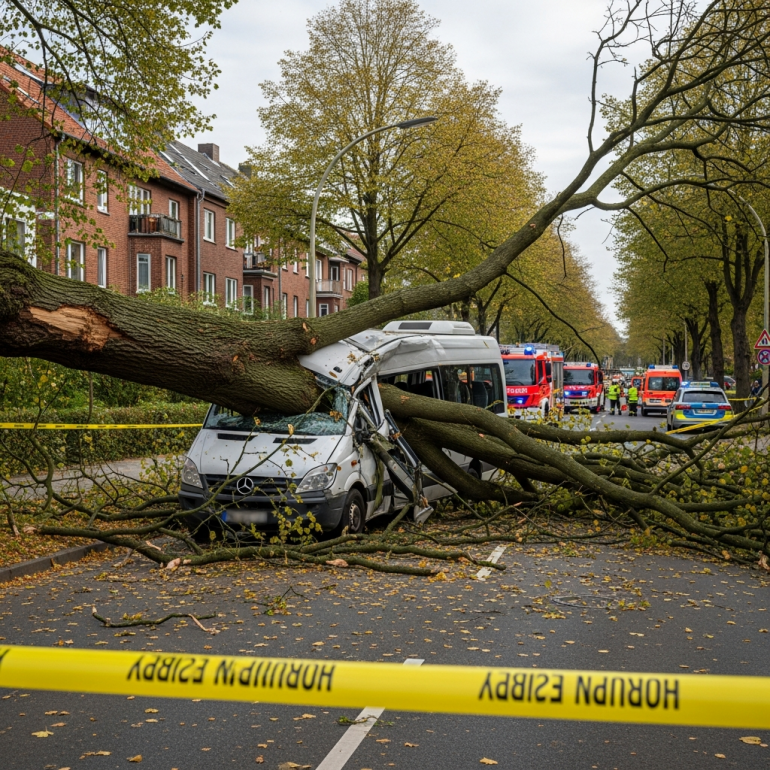 Hamburg-Eilbek: Baum stürzt auf Kleinbus - sieben Verletzte.