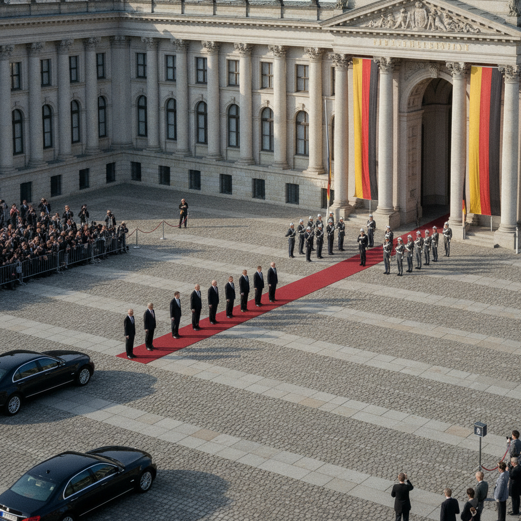 Bundespräsident Steinmeier empfängt Staatsgäste im Verteidigungsministerium.