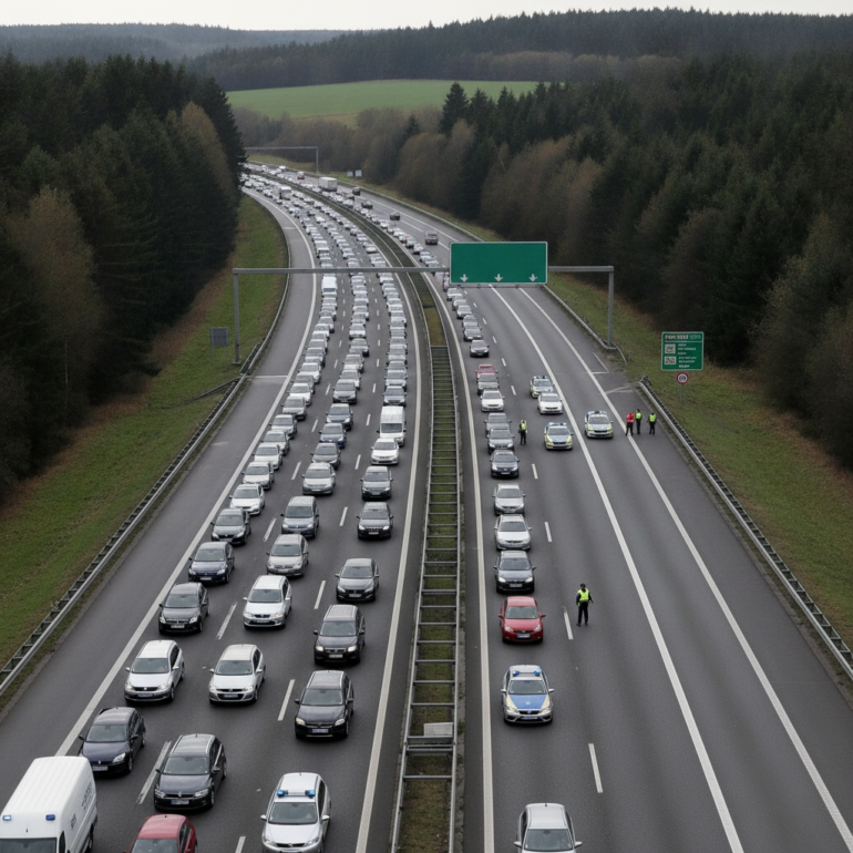 A7 nach schwerem Unfall mit sechs Fahrzeugen gesperrt.