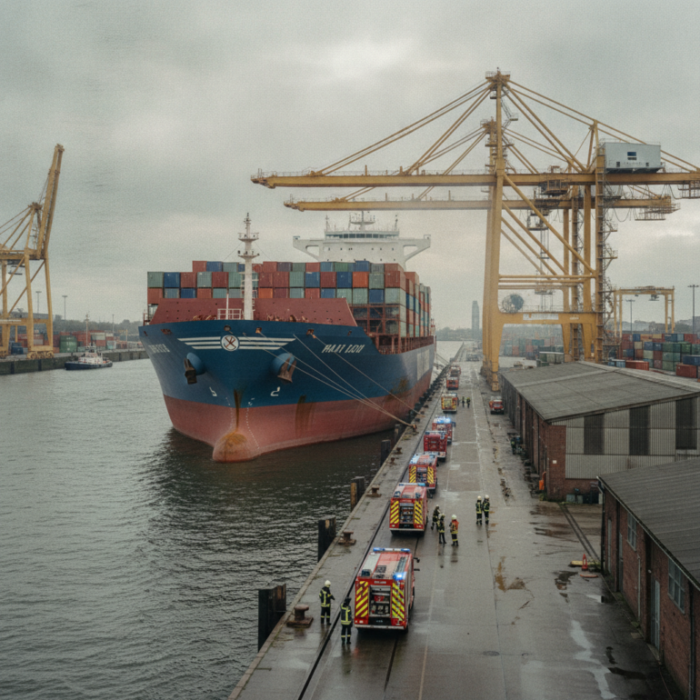 Feuer auf Frachter im Hamburger Hafen.